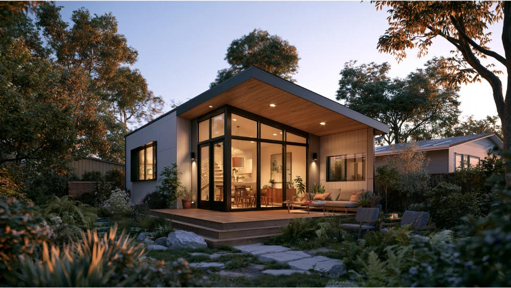 Compact ADU interior with open layout, built-in storage, large windows and multifunctional furniture