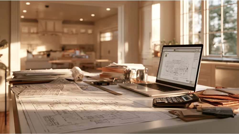 Homeowner reviewing detailed garage conversion construction plans and project cost estimates