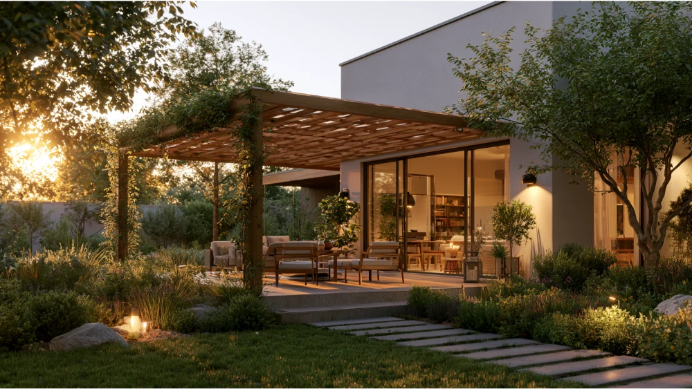 Modern covered patio added to a backyard home