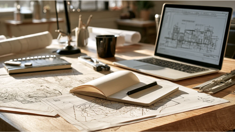 Property documents and site plans on a desk