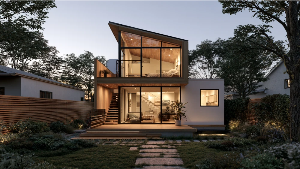Efficient ADU layout combining living, kitchen, bedroom and bathroom spaces within a compact floor plan