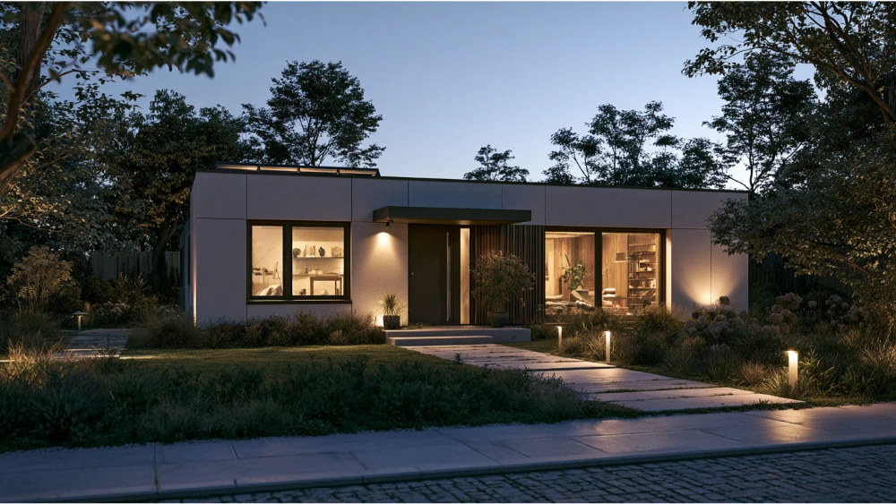 Energy-efficient compact home with large windows, insulated exterior, and sustainable design features