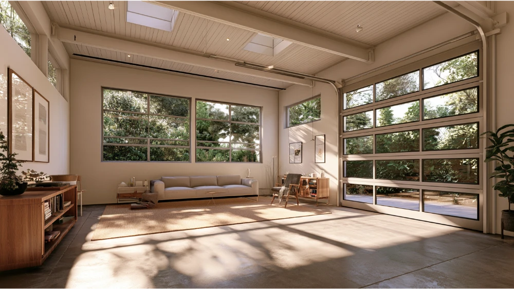 Garage conversion living space with adequate ceiling height, natural light, ventilation, and spacious layout