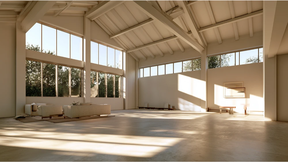 Garage conversion living space with adequate ceiling height, natural light, ventilation, and spacious layout
