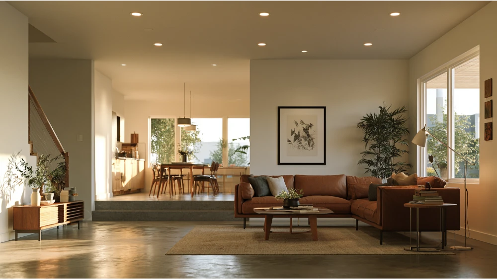 Finished garage converted into a modern residential living space with large windows and a comfortable interior