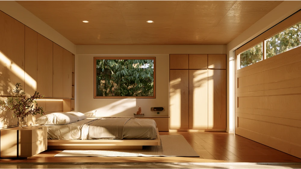 Converted garage bedroom with compliant egress window, insulated walls, and finished interior