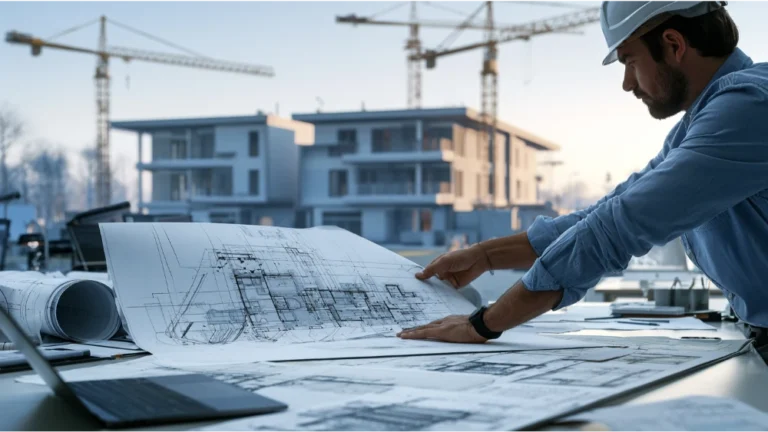 Architect reviewing multifamily building plans