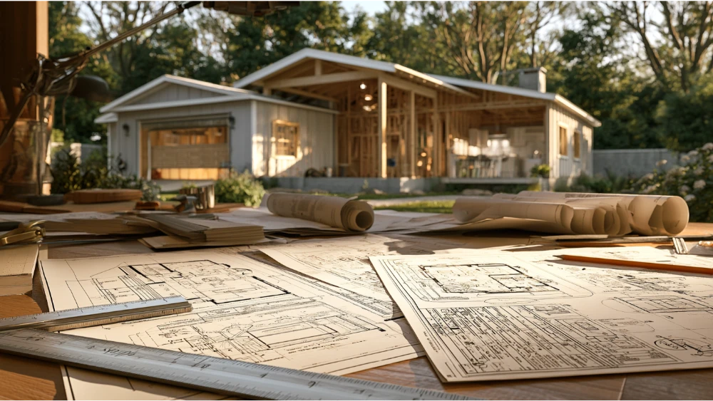 Complete garage conversion plan set with floor plans, structural details, electrical layouts and construction documents