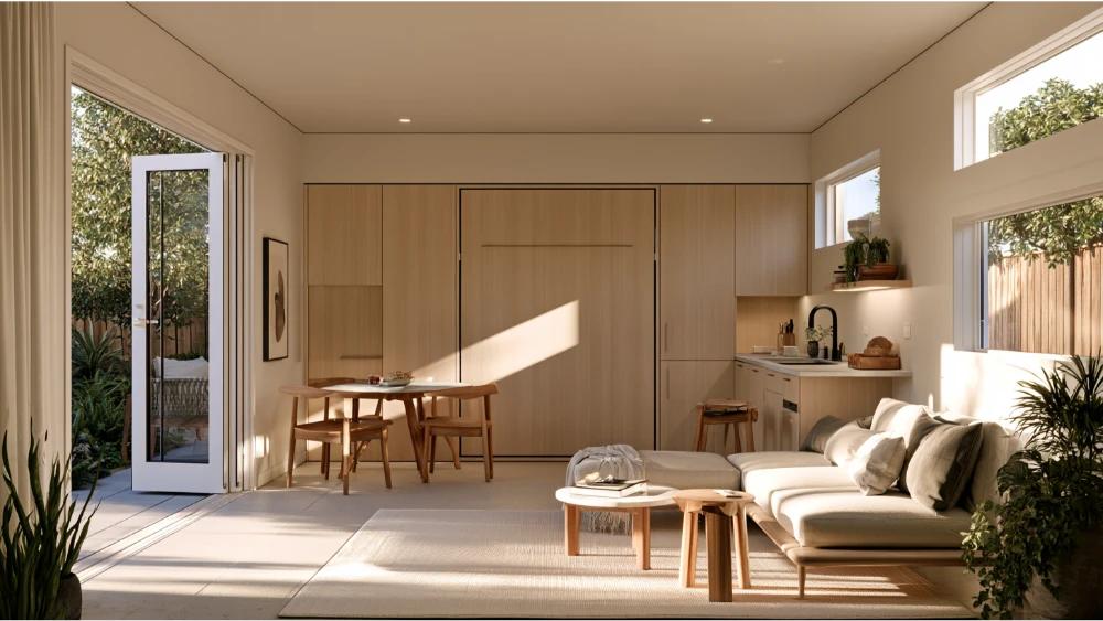 Compact ADU interior with open layout, built-in storage, large windows and multifunctional furniture