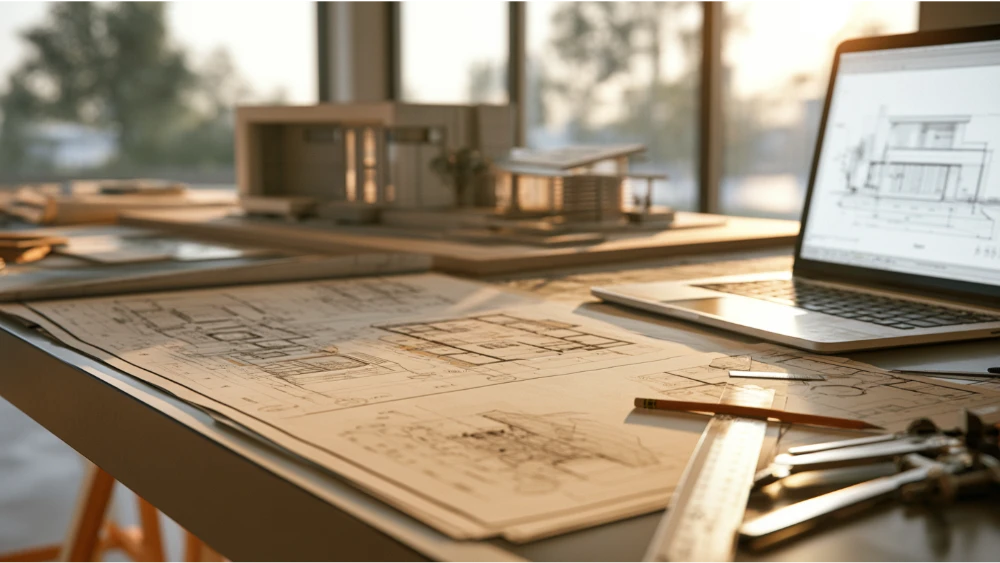 Architectural floor plans and house drawings being reviewed for a compact residential design