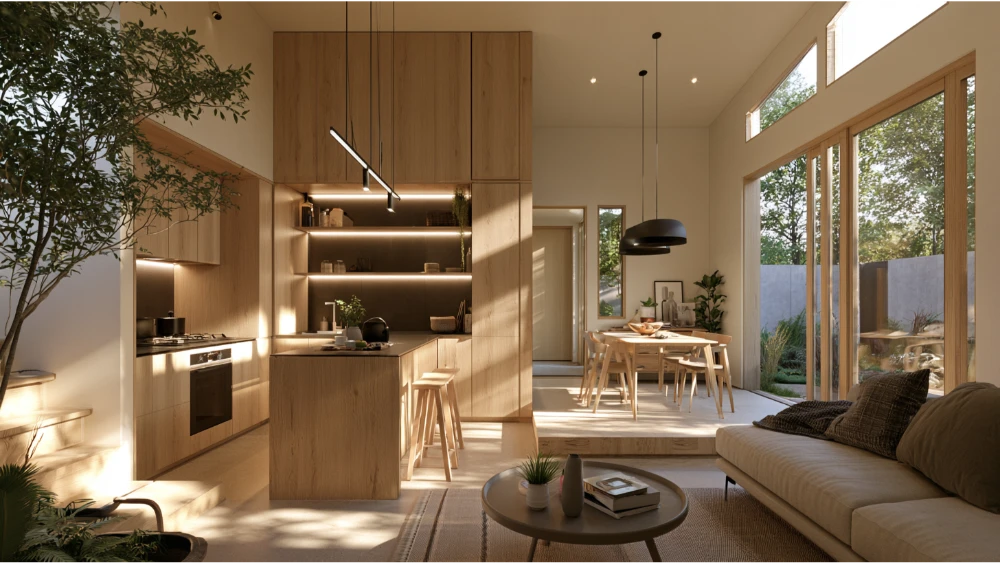 Compact open-concept small house interior with efficient storage and multifunctional living space
